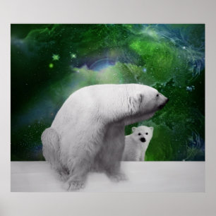 Polar Bear, cub and Northern Lights aurora Poster