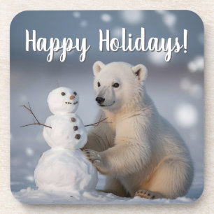 Polar Bear Cub and Snowman Holiday Design Beverage Coaster