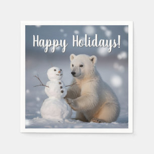Polar Bear Cub and Snowman Holiday Design Napkins