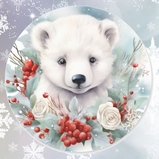 Polar Bear Cub at Christmas Cute Classic Round Sticker (Creator Uploaded)