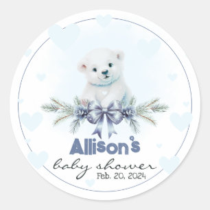 Polar Bear Cub Boy Blue Hearts Winter Baby Shower Classic Round Sticker