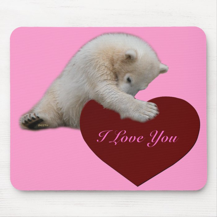 Polar Bear Cub Hugging Heart Mousepad