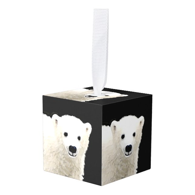 Polar Bear Cub Painting - Original Wildlife Art Cube Ornament (Front Angled)
