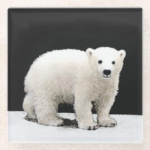 Polar Bear Cub Painting _ Original Wildlife Art Glass Coaster