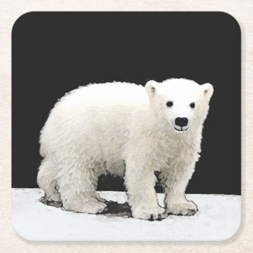 Polar Bear Cub Painting _ Original Wildlife Art Square Paper Coaster