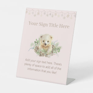 Polar Bear Cub Pink Girl Winter Baby Shower Pedestal Sign