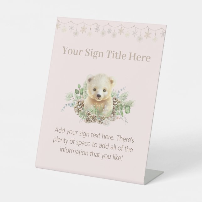 Polar Bear Cub Pink Girl Winter Baby Shower Pedestal Sign (Front)