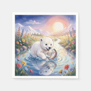 Polar Bear Cub Playing with a Fish Napkins