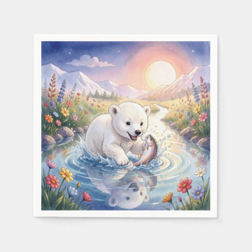 Polar Bear Cub Playing with a Fish Napkins