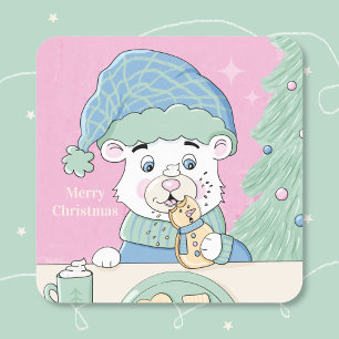 Polar Bear Cub Square Pink Christmas Sticker