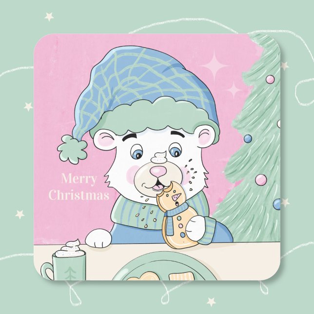 Polar Bear Cub Square Pink Christmas Sticker (Pink retro-style Christmas square sticker with an adorable polar bear cub eating a cookie . )