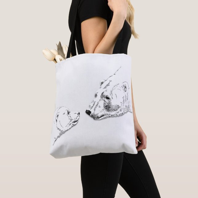Polar Bear & Cub Tote Bag Bear Art Shopping Bag (Close Up)