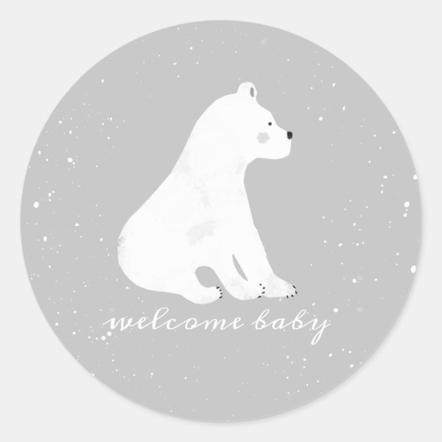 Polar Bear Cub Winter Snow Gray Baby Shower Classic Round Sticker (Front)