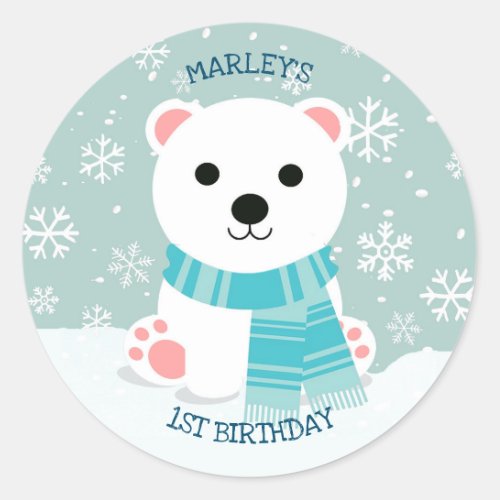 Polar Bear Cub Winter Snowflakes Classic Round Sticker