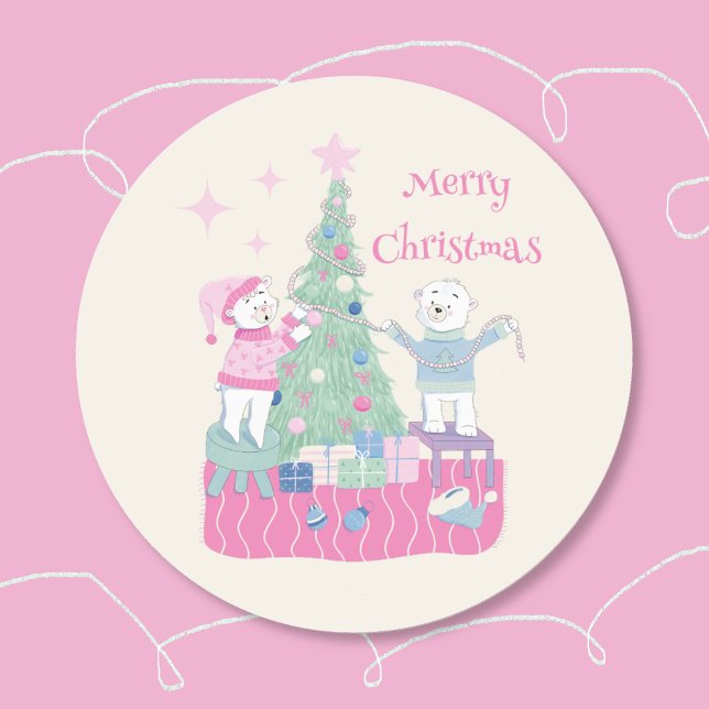 Polar Bear Cubs Decorating Christmas Tree Sticker (Polar bear cubs decorating a Christmas tree cream round Holiday sticker . )