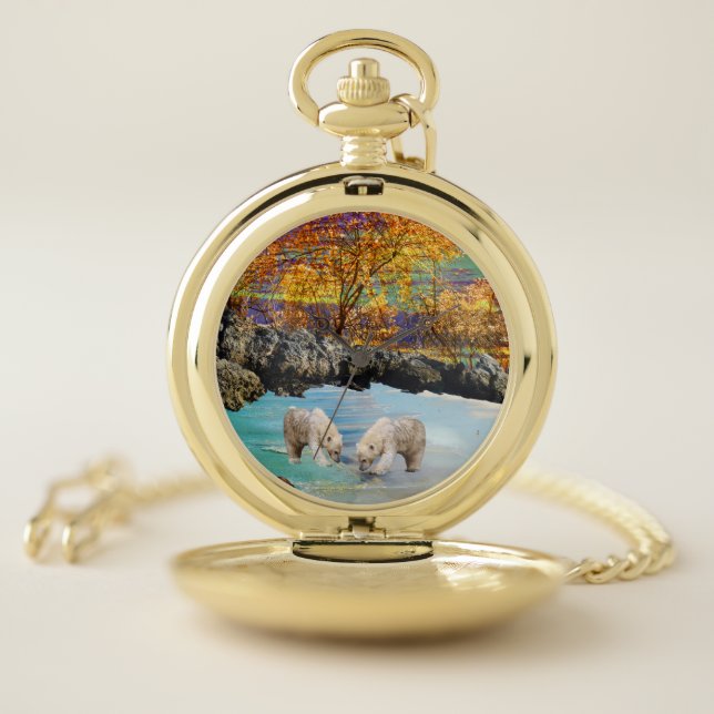 Polar Bear Cubs Fishing, Pocket Watch (Inside)