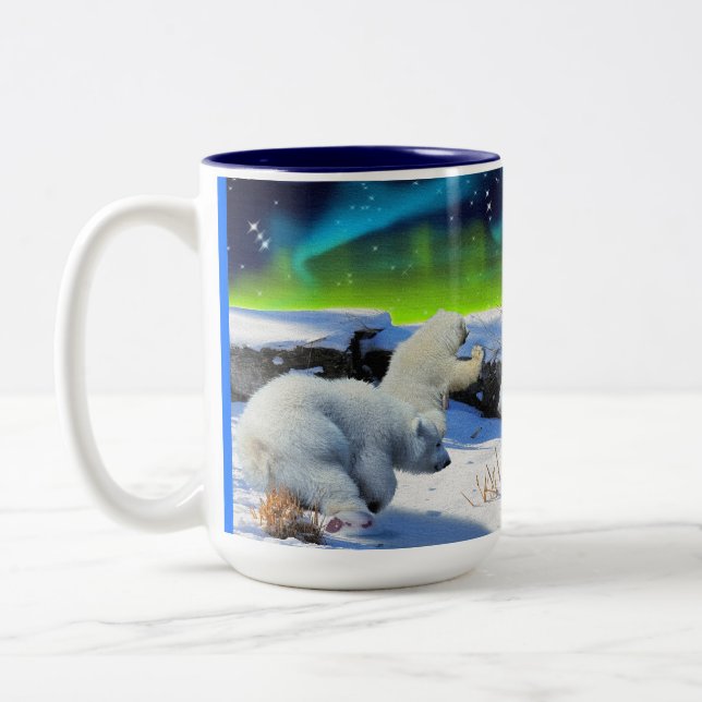 Polar Bear Cubs Playing in Snow Fantasy Art Mug (Left)