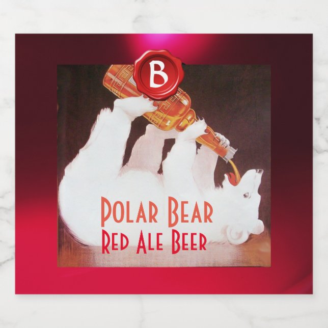 POLAR BEAR DRINKING BEER Red Wax Seal Monogram Bottle Label (Single Label)
