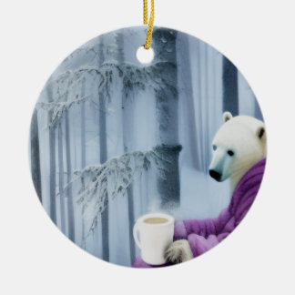 Polar Bear Drinking Coffee Ceramic Ornament