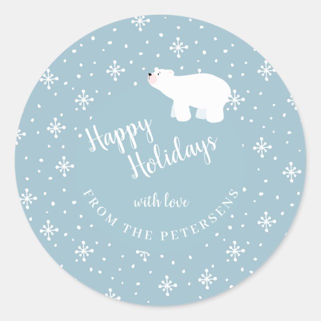 Polar bear dusty blue falling snow happy holidays classic round sticker (Front)