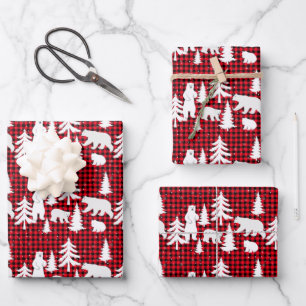 Polar Bear Family Christmas Red Buffalo Plaid Wrapping Paper Sheets