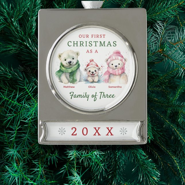 Polar Bear Family of Three First Christmas Silver Plated Banner Ornament (Creator Uploaded)