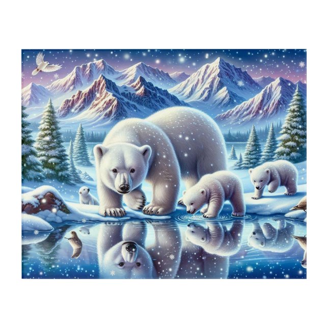 Polar Bear Family Snowy Scene Painting Acrylic Print (Front)