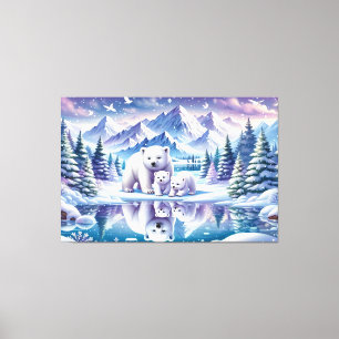 Polar Bear Family Snowy Scene Painting Canvas Print