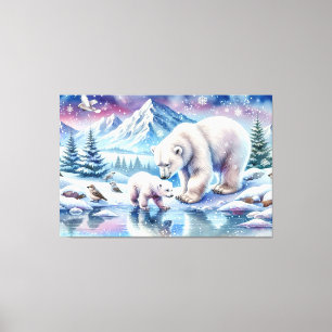 Polar Bear Family Snowy Scene Painting Canvas Print