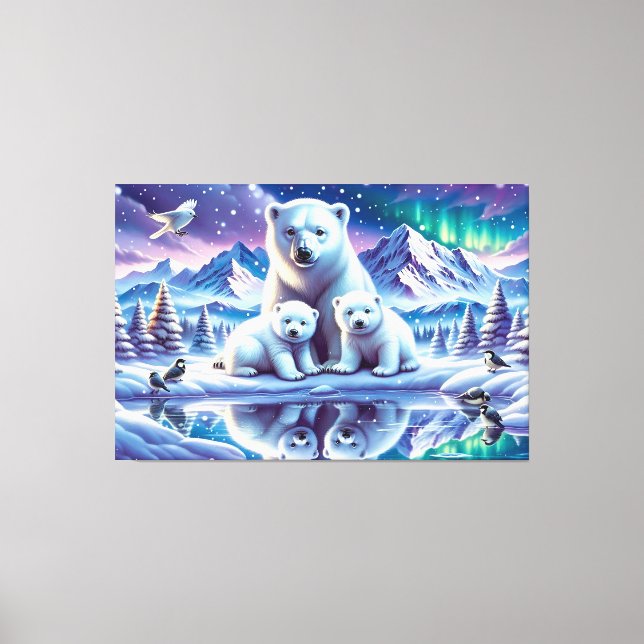 Polar Bear Family Snowy Scene Painting Canvas Print (Front)