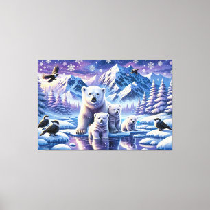 Polar Bear Family Snowy Scene Painting Canvas Print