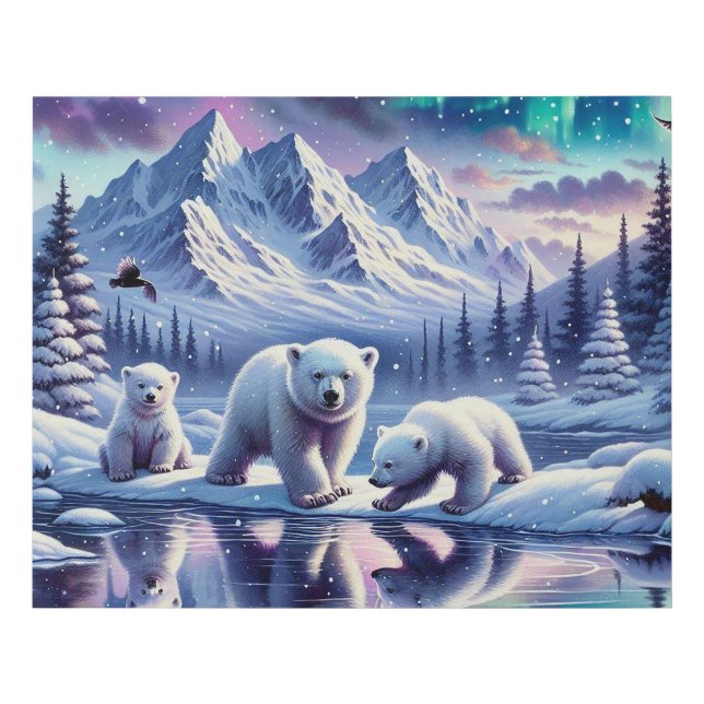 Polar Bear Family Snowy Scene Painting Faux Canvas Print (Front)