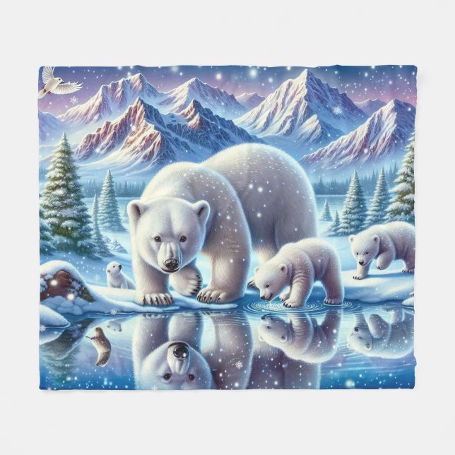 Polar Bear Family Snowy Scene Painting Fleece Blanket (Front (Horizontal))