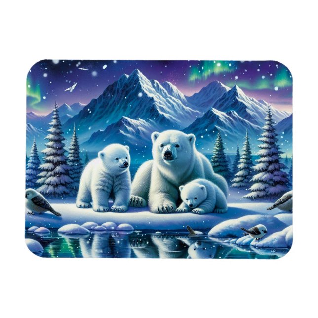 Polar Bear Family Snowy Scene Painting Magnet (Horizontal)