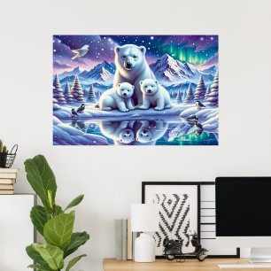Polar Bear Family Snowy Scene Painting Poster