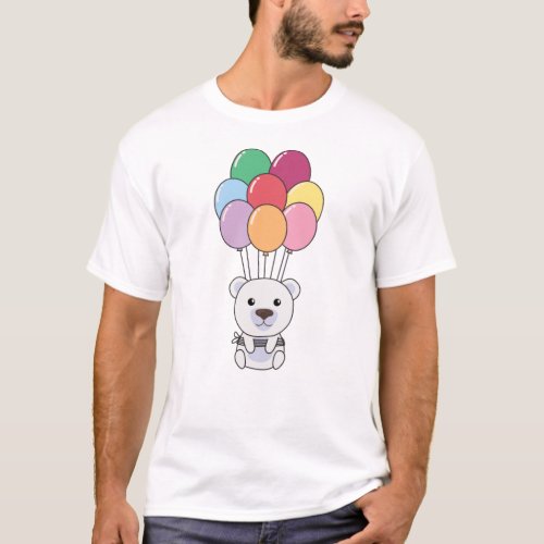 Polar Bear Flies Up With Colorful Balloons T_Shirt