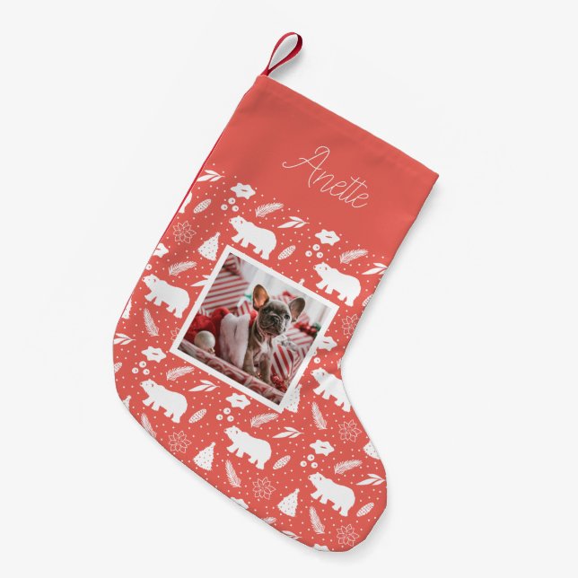 Polar Bear Floral Photo Red Christmas Stocking (Front (Hanging))