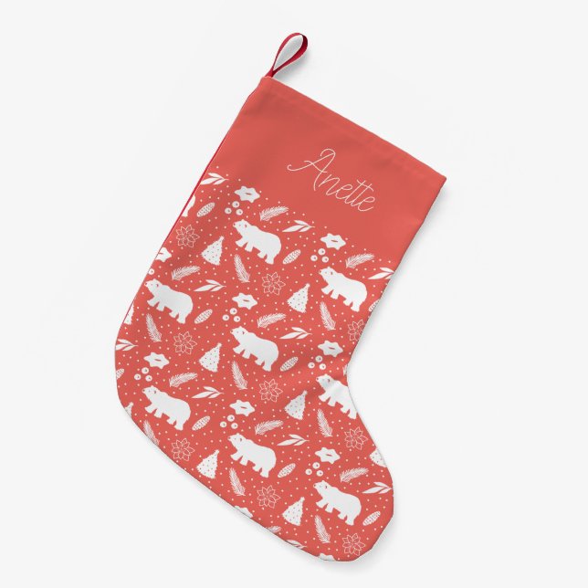 Polar Bear Floral & Pine Red Christmas Stocking (Front (Hanging))