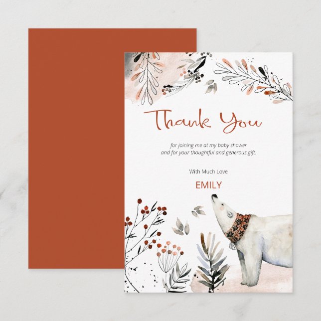 Polar Bear Foliage Burnt Orange Baby Shower Thank You Card (Front/Back)