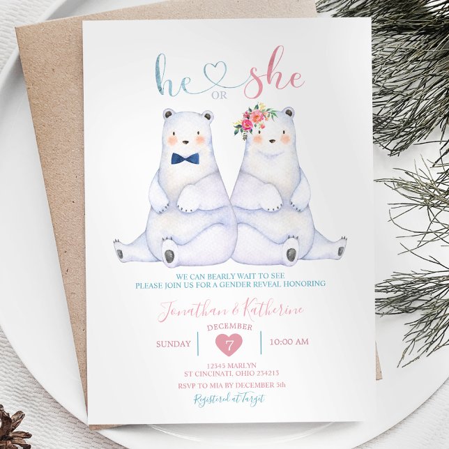 Polar Bear Gender Reveal He or She Pink Floral Invitation (Creator Uploaded)