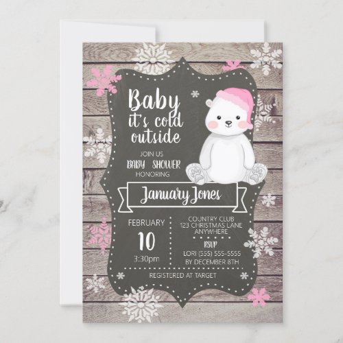 Polar Bear Girl Baby Shower Invitation I Pink