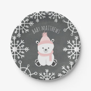 Polar Bear Girl Winter Baby Shower Paper Plates