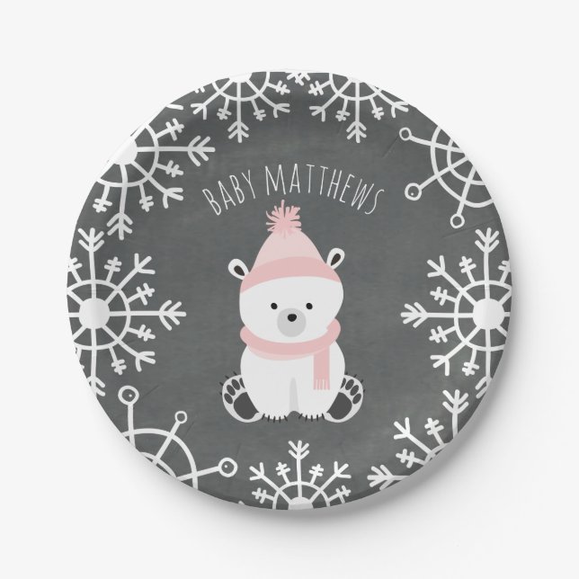 Polar Bear Girl Winter Baby Shower Paper Plates (Front)
