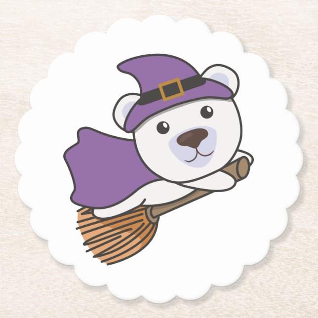 Polar Bear Halloween Witch Kids Witches Costume Paper Coaster (Front)