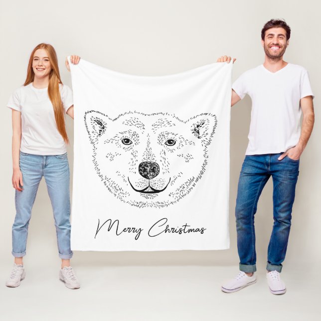 Polar Bear Head Minimal Line Art Sketch With Text Fleece Blanket (In Situ)