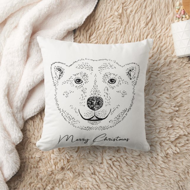 Polar Bear Head Minimal Line Art Sketch With Text Throw Pillow (Blanket)