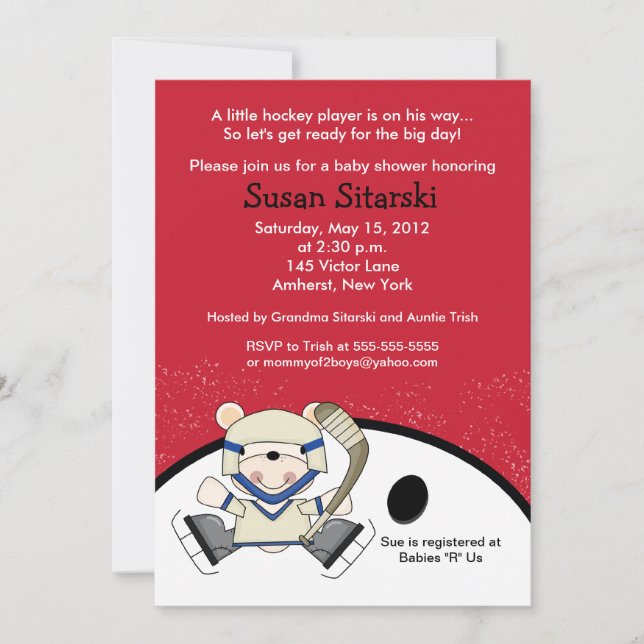 Polar Bear Hockey Sports 5x7 Baby Shower Invite (Front)