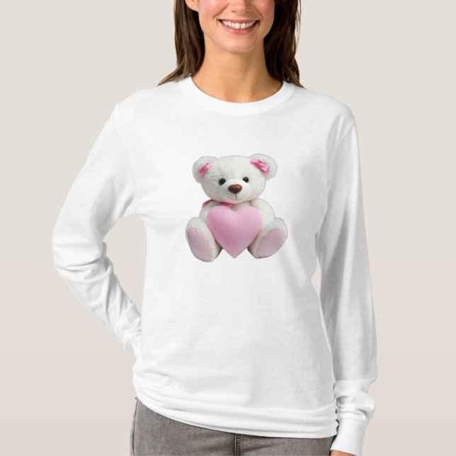 Polar Bear Hugging Rose Pink Heart T-Shirt (Front)
