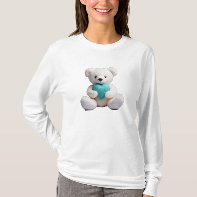 Polar Bear Hugging Teal Heart T-Shirt (Front)