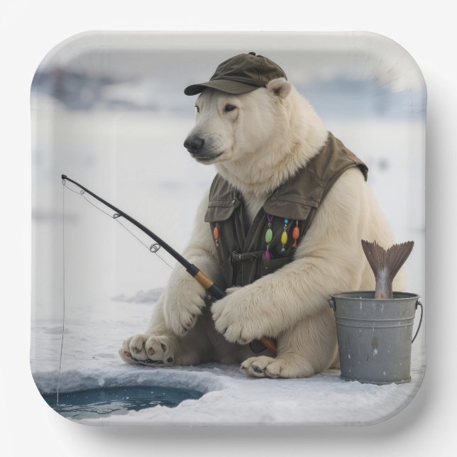 Polar Bear Ice Fishing Paper Plates (Front)